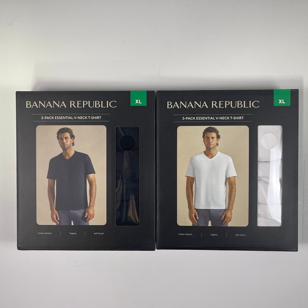Banana Republic Mens 6 Essential V-Neck T-Shirt Cotton Stretch XL Black White